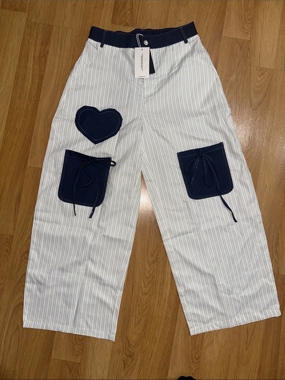 Striped White Wide-Leg Pants with Navy Patch Pockets